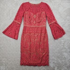 Tadashi Shoji Dress Womens 8 Red Aya17735M Lace Bell Sleeve Cocktail Party Pink